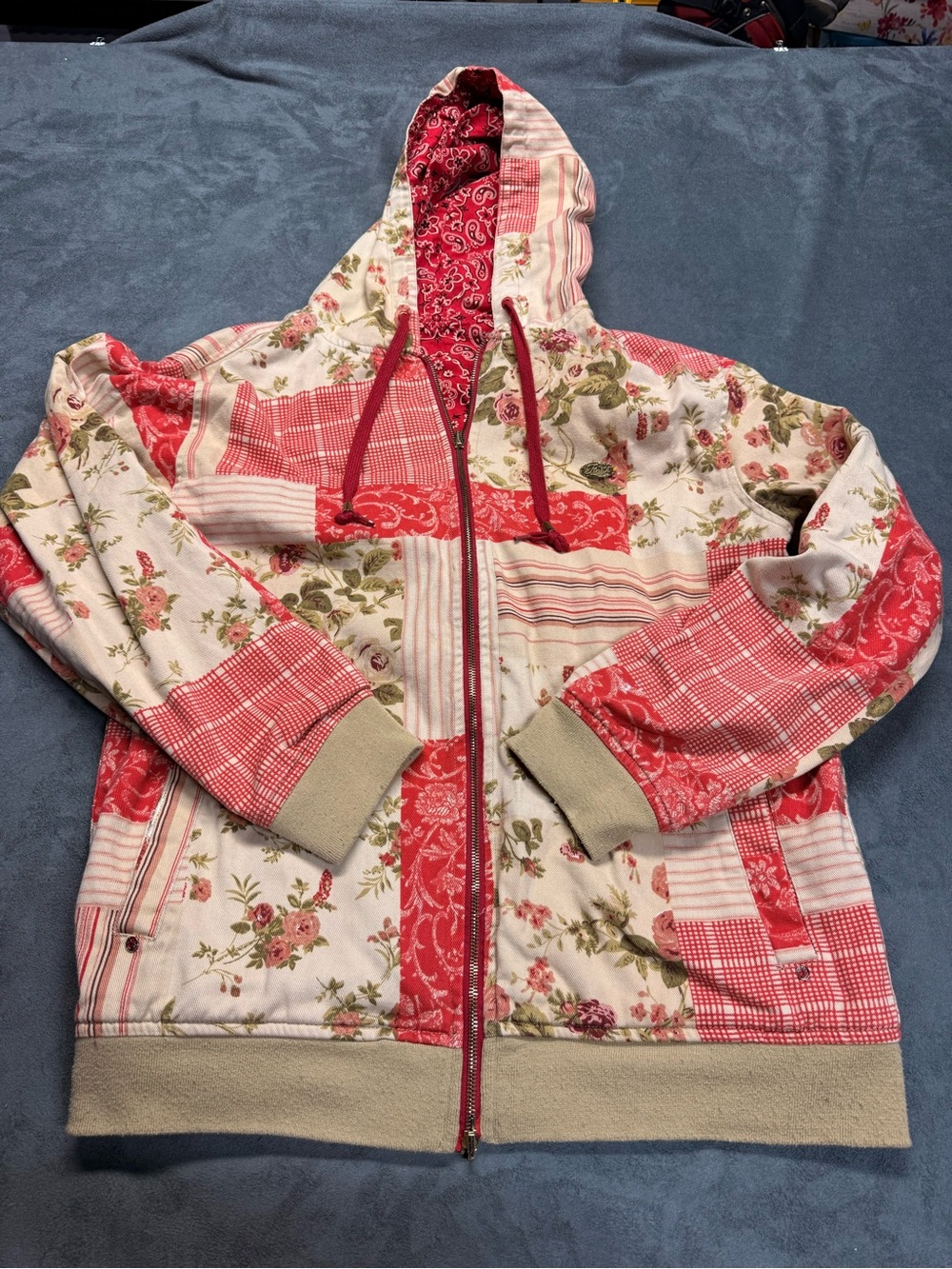 Y2K Parish Narion Reversable  Canvas Hoodie in Red and Cream/Paisley - XL